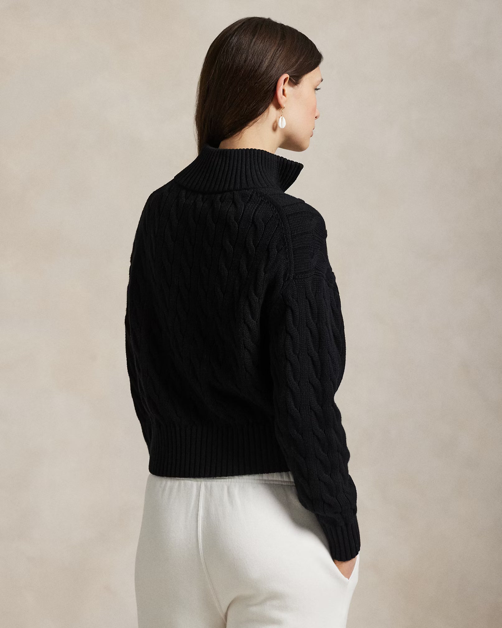 Suéter de algodão com trama trançada e zíper até o peito